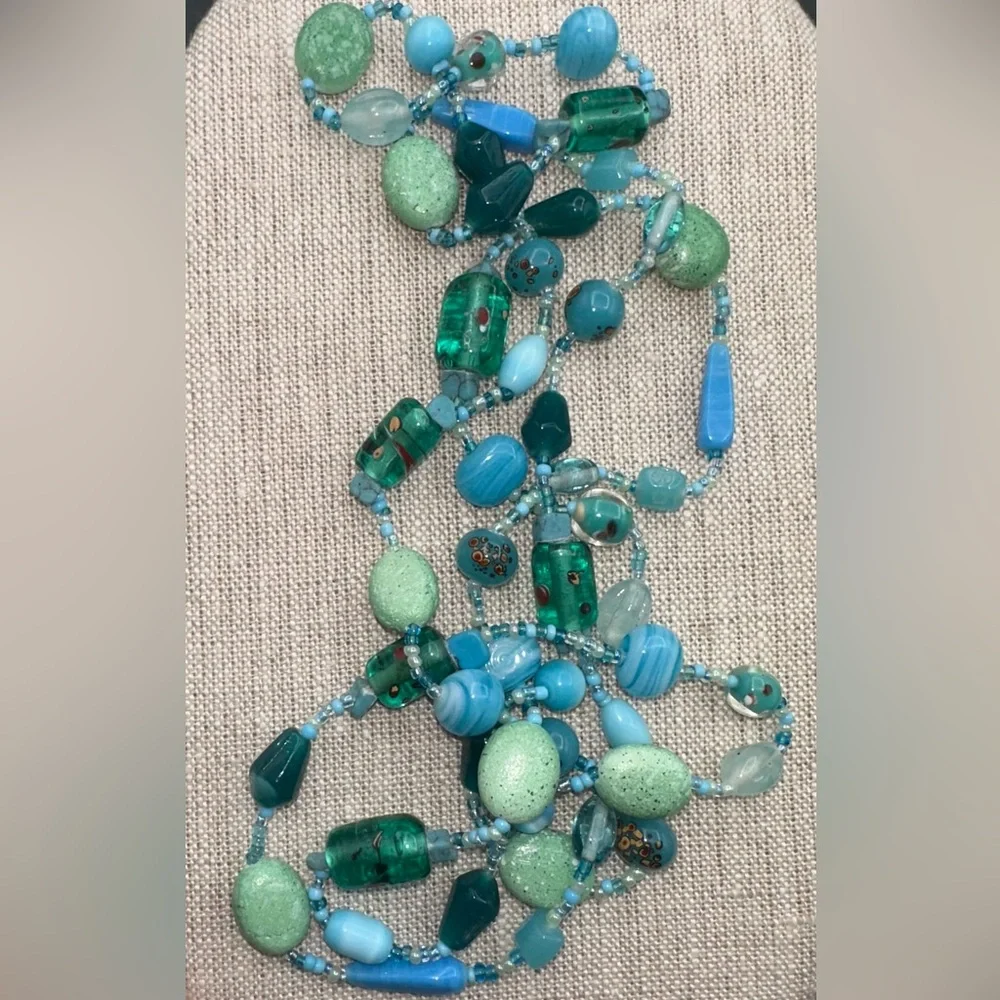 VTG Teal Green Blue Art Glass Beaded Necklace 46" Art to Wear Boho - Picture 3 of 4